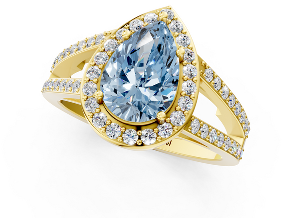 Yellow Gold Pear-Shaped Halo Engagement Ring Setting for Fancy Blue Center with Split Shank