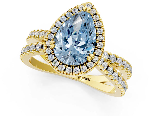 Yellow gold Fancy Blue Pear  Halo Split Shank Diamond Ring with Pavé Setting