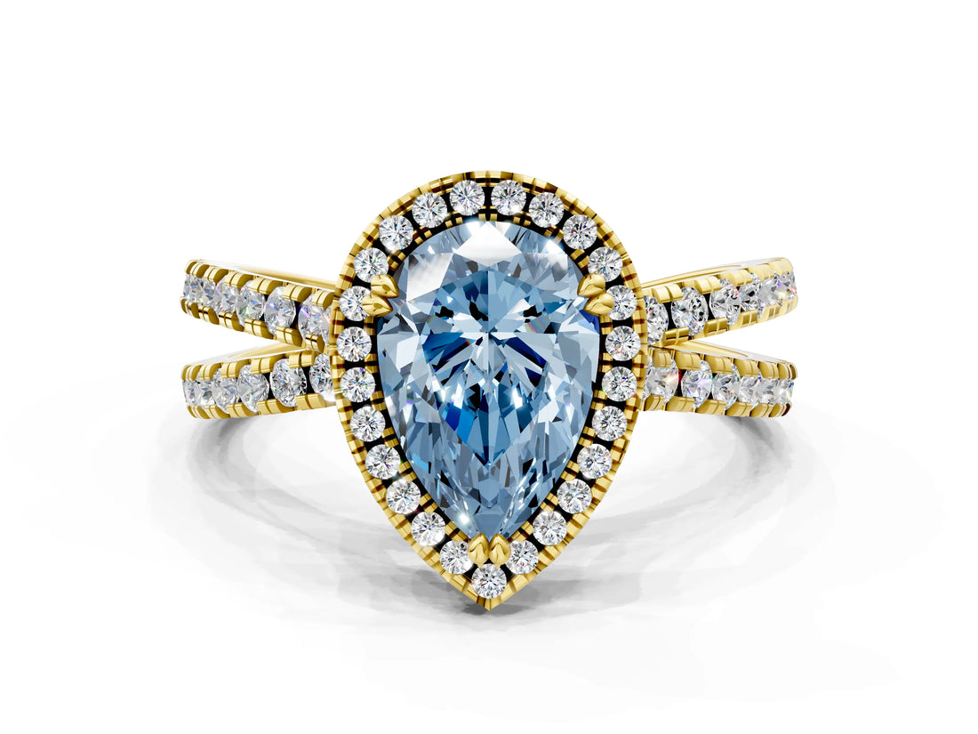 Yellow gold Fancy Blue Pear  Halo Split Shank Diamond Ring with Pavé Setting