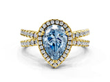 Yellow gold Fancy Blue Pear  Halo Split Shank Diamond Ring with Pavé Setting
