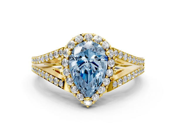 Yellow gold Fancy Blue Pear  Halo Split Shank Diamond Ring with Prong Setting