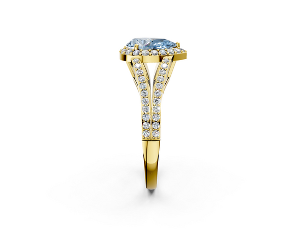 Yellow gold Fancy Blue Pear  Halo Split Shank Diamond Ring with Prong Setting