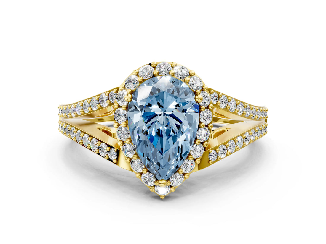 Yellow gold Fancy Blue Pear  Halo Split Shank Pave Diamond Ring with Four-Prong Setting_49