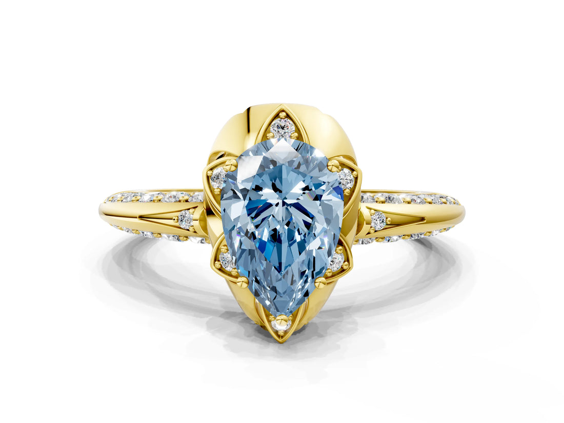 Yellow gold Fancy Blue Pear  Halo Split Shank Pave Diamond Ring with Petal Prong Setting_19