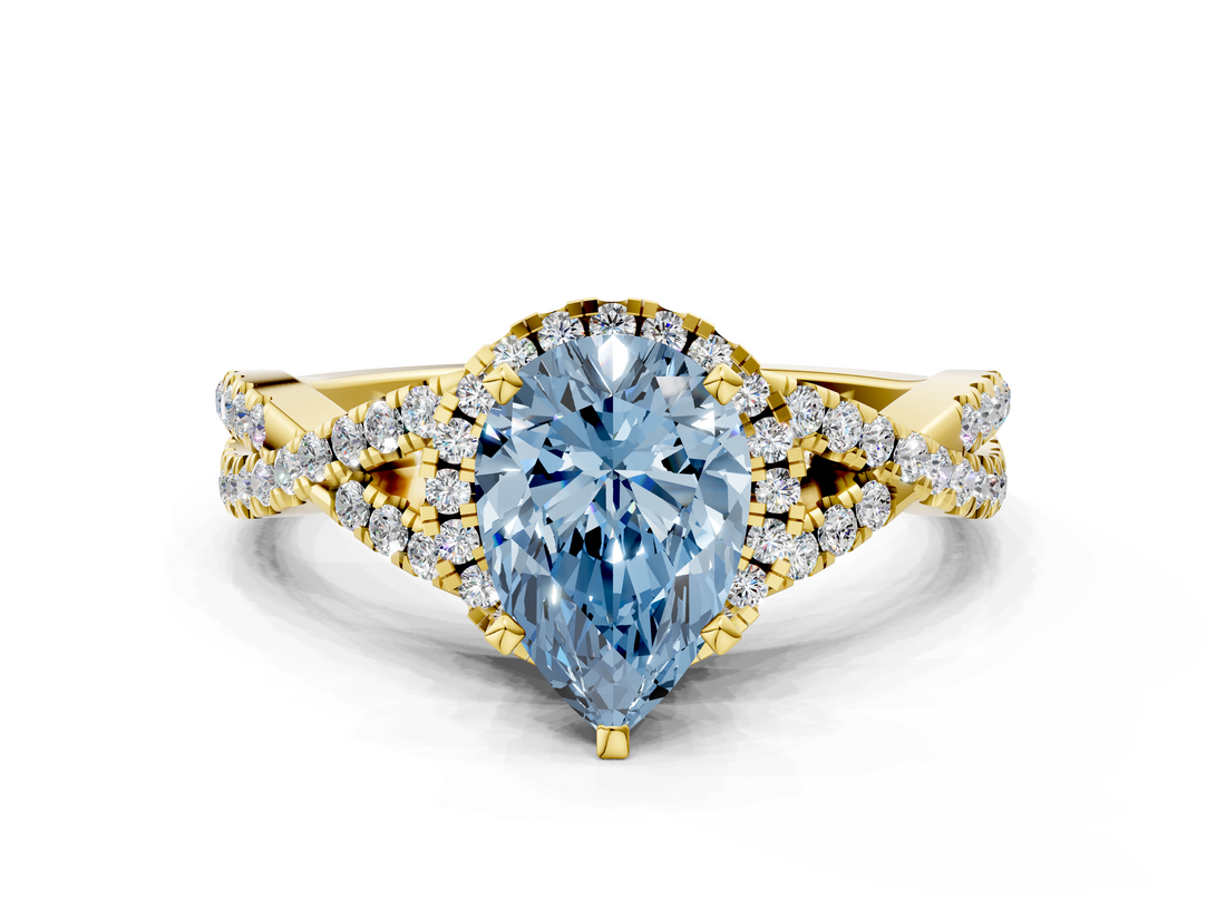 Yellow gold Fancy Blue Pear  Halo Twist Band Solitaire Prong Setting Ring_76