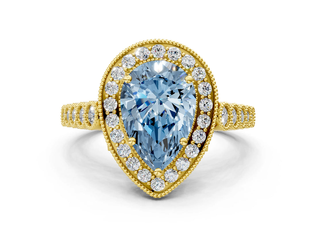 Yellow gold Fancy Blue Pear  Halo Twist Band Solitaire Ring with Six-Prong Setting_26