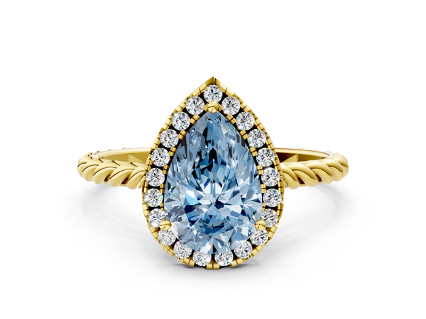 Yellow gold Fancy Blue Pear  Halo Twisted Band Four-Prong Diamond Ring
