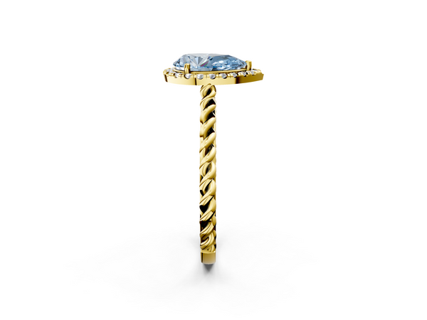 Yellow gold Fancy Blue Pear  Halo Twisted Band Four-Prong Diamond Ring