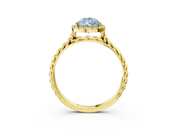 Yellow gold Fancy Blue Pear  Halo Twisted Band Four-Prong Diamond Ring