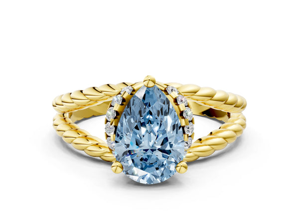 Yellow gold Fancy Blue Pear  Halo Twisted Band Four-Prong Ring