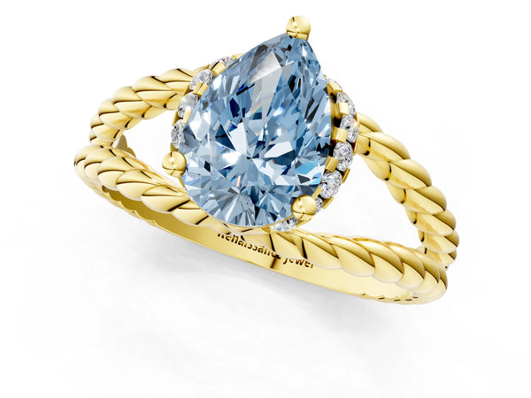 Yellow gold Fancy Blue Pear  Halo Twisted Band Four-Prong Ring