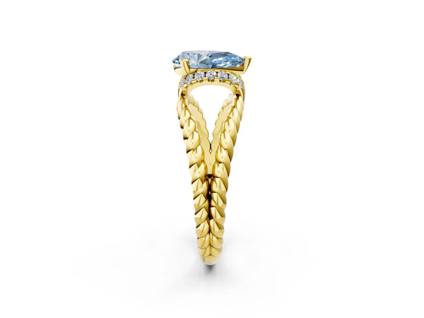 Yellow gold Fancy Blue Pear  Halo Twisted Band Four-Prong Ring