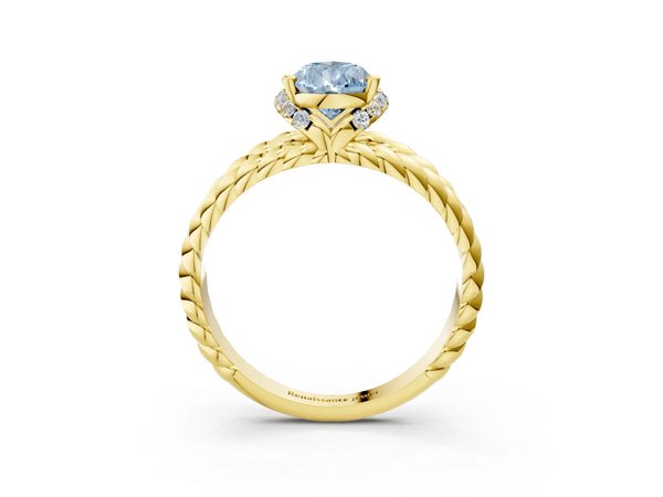 Yellow gold Fancy Blue Pear  Halo Twisted Band Four-Prong Ring