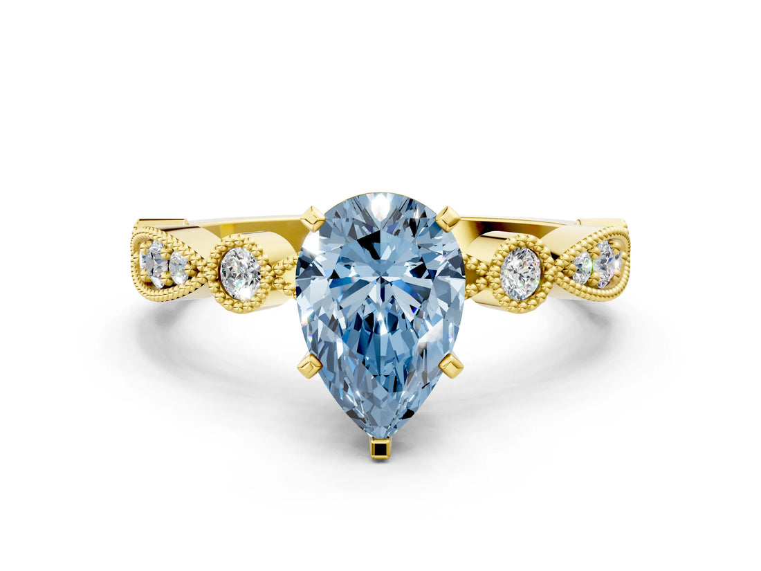Yellow gold Fancy Blue Pear  Milgrain Bezel Diamond Engagement Ring with Solitaire Prong Setting_136