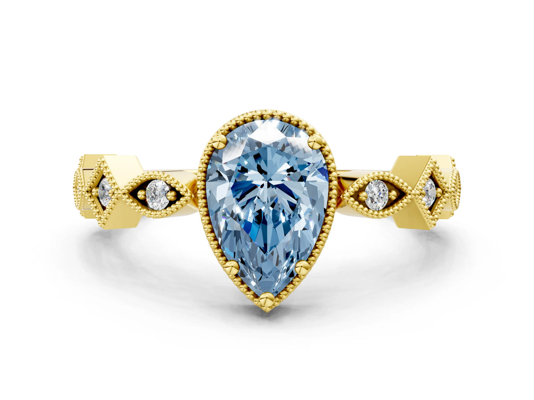 Yellow gold Fancy Blue Pear  Milgrain Marquise Diamond Twist Band Ring_62