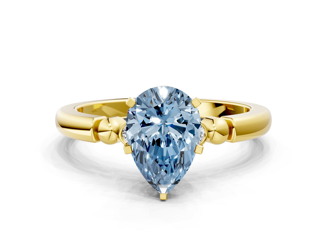 Yellow gold Fancy Blue Pear  Solitaire Beaded Band with Four-Prong Setting_47