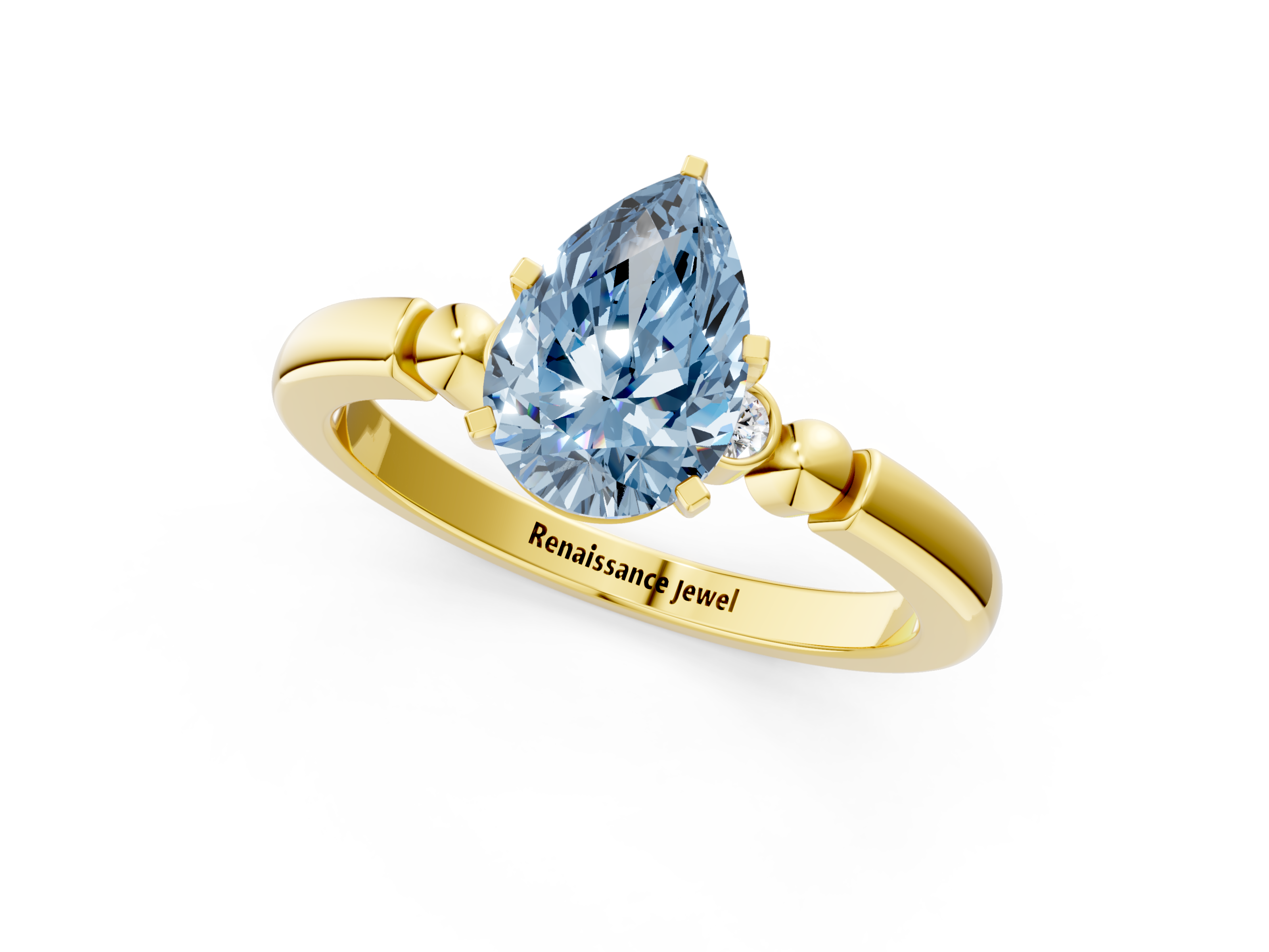 Yellow gold Fancy Blue Pear  Solitaire Beaded Band with Four-Prong Setting_8