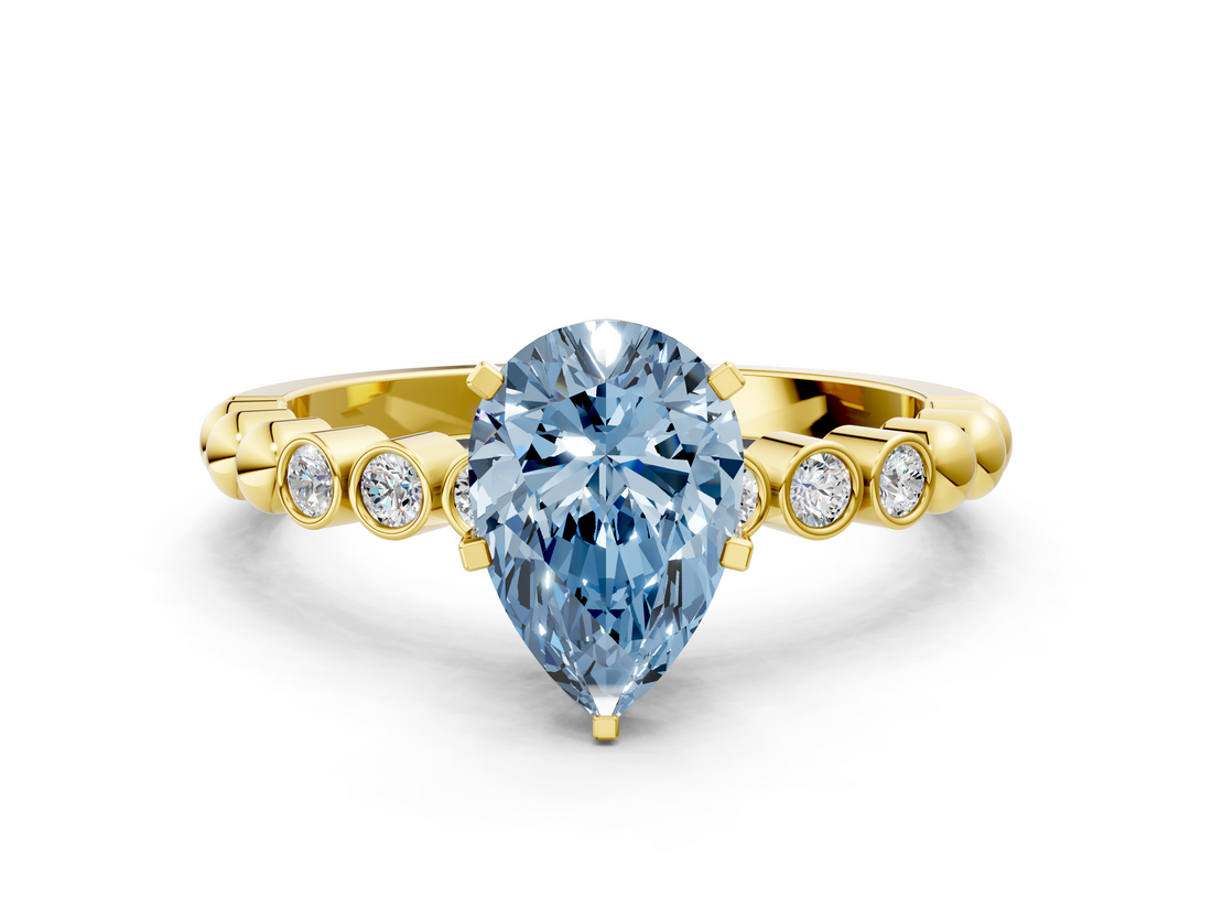 Yellow gold Fancy Blue Pear  Solitaire Bezel Accent Diamond Engagement Ring with Beaded Band and Four-Prong Setting_24