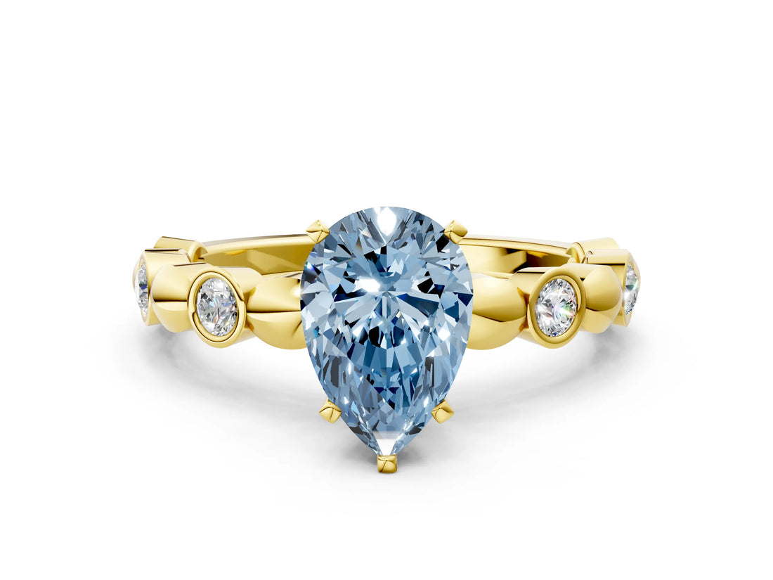 Yellow gold Fancy Blue Pear  Solitaire Bezel-Set Diamond Ring with Beaded Band and Four-Prong Setting_32