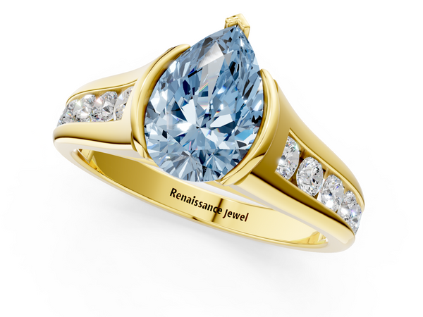 Yellow gold Fancy Blue Pear  Solitaire Bezel-Set Diamond Ring with Channel-Set Band