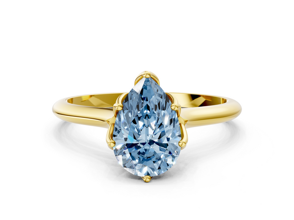 Yellow gold Fancy Blue Pear  Solitaire Cathedral Diamond Ring with Six-Prong Setting