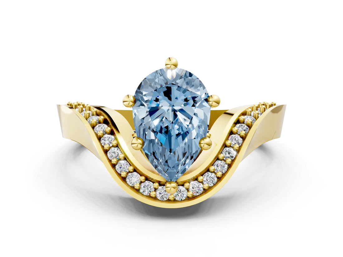 Yellow gold Fancy Blue Pear  Solitaire Diamond Engagement Ring with Pave Band and Four-Prong Setting 1