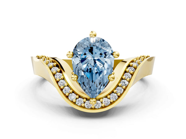 Yellow Gold Pear-Shaped Pave Bypass Solitaire Engagement Ring Setting for Fancy Blue Center