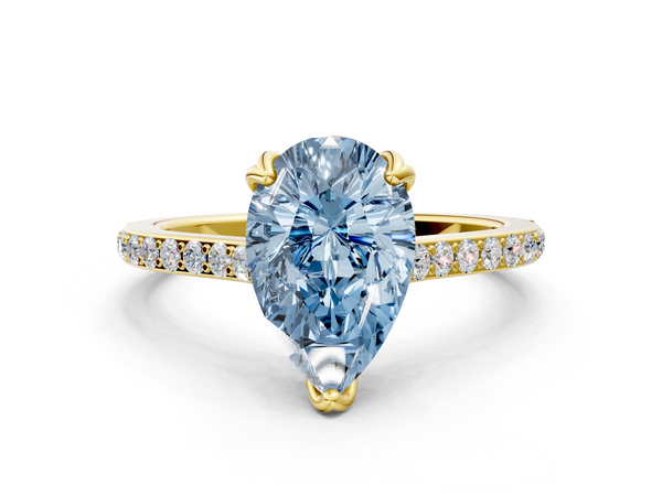 Yellow gold Fancy Blue Pear  Solitaire Diamond Engagement Ring with Pave Band and Six-Prong Setting