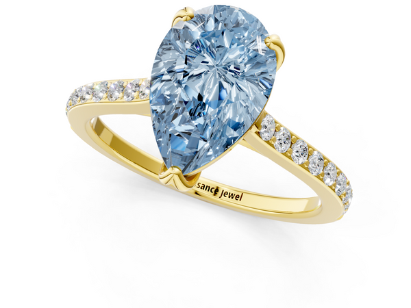 Yellow gold Fancy Blue Pear  Solitaire Diamond Engagement Ring with Pave Band and Six-Prong Setting