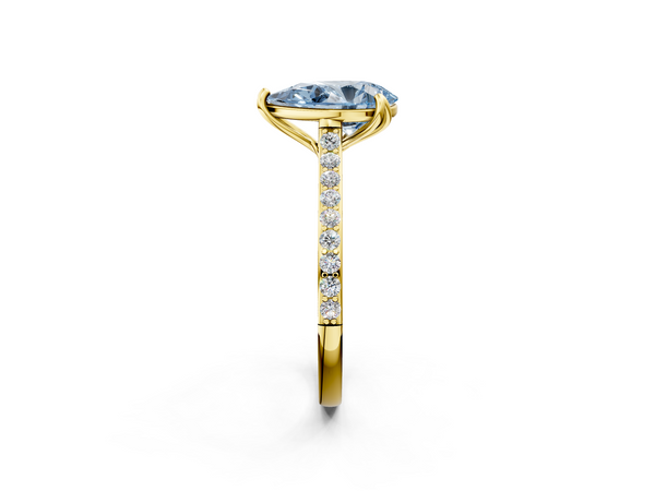 Yellow gold Fancy Blue Pear  Solitaire Diamond Engagement Ring with Pave Band and Six-Prong Setting
