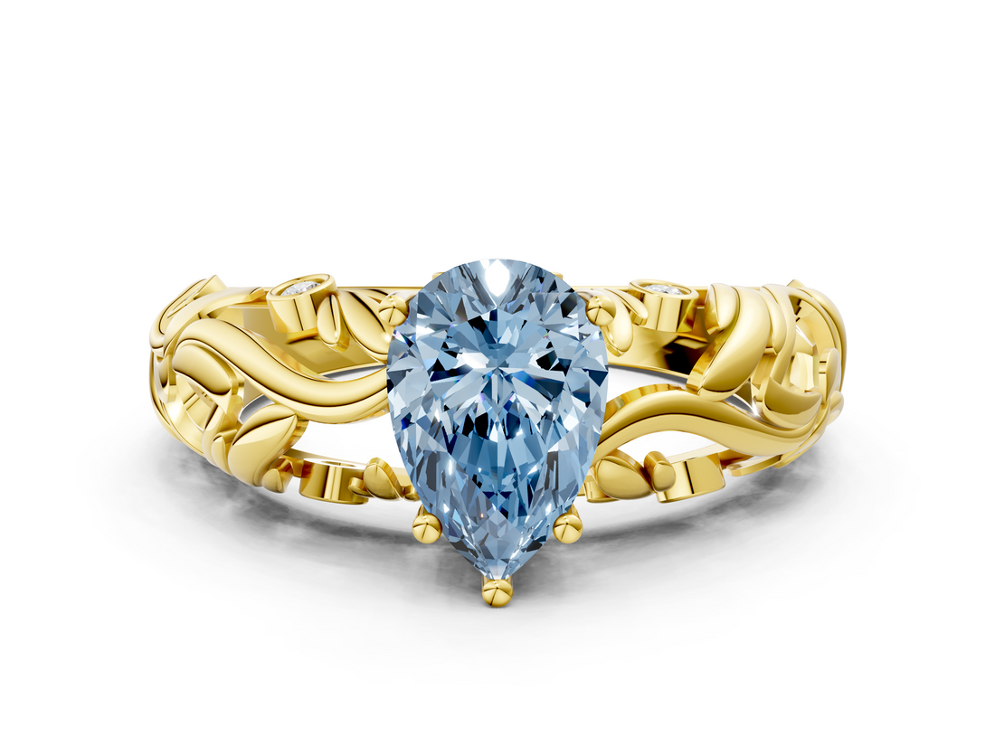 Yellow gold Fancy Blue Pear  Solitaire Diamond Leaf Vine Band with Prong Setting_46