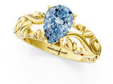 Yellow gold Fancy Blue Pear  Solitaire Diamond Leaf Vine Band with Prong Setting_47