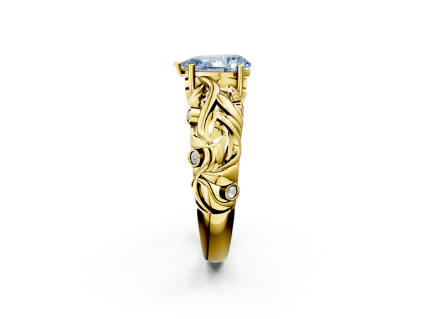 Yellow gold Fancy Blue Pear Cut Solitaire Diamond Leaf-Inspired Vine Band Ring with Prong Setting