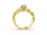 Yellow gold Fancy Blue Pear  Solitaire Diamond Leaf Vine Band with Prong Setting_49