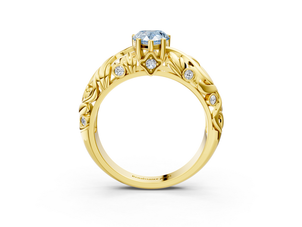 Yellow gold Fancy Blue Pear Cut Solitaire Diamond Leaf-Inspired Vine Band Ring with Prong Setting