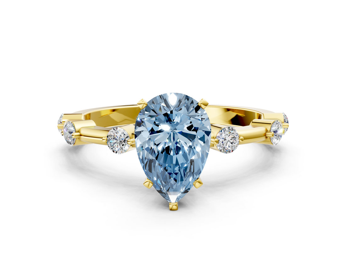 Yellow gold Fancy Blue Pear  Solitaire Diamond Ring with Bezel Set Side Stones and Prong Setting_3