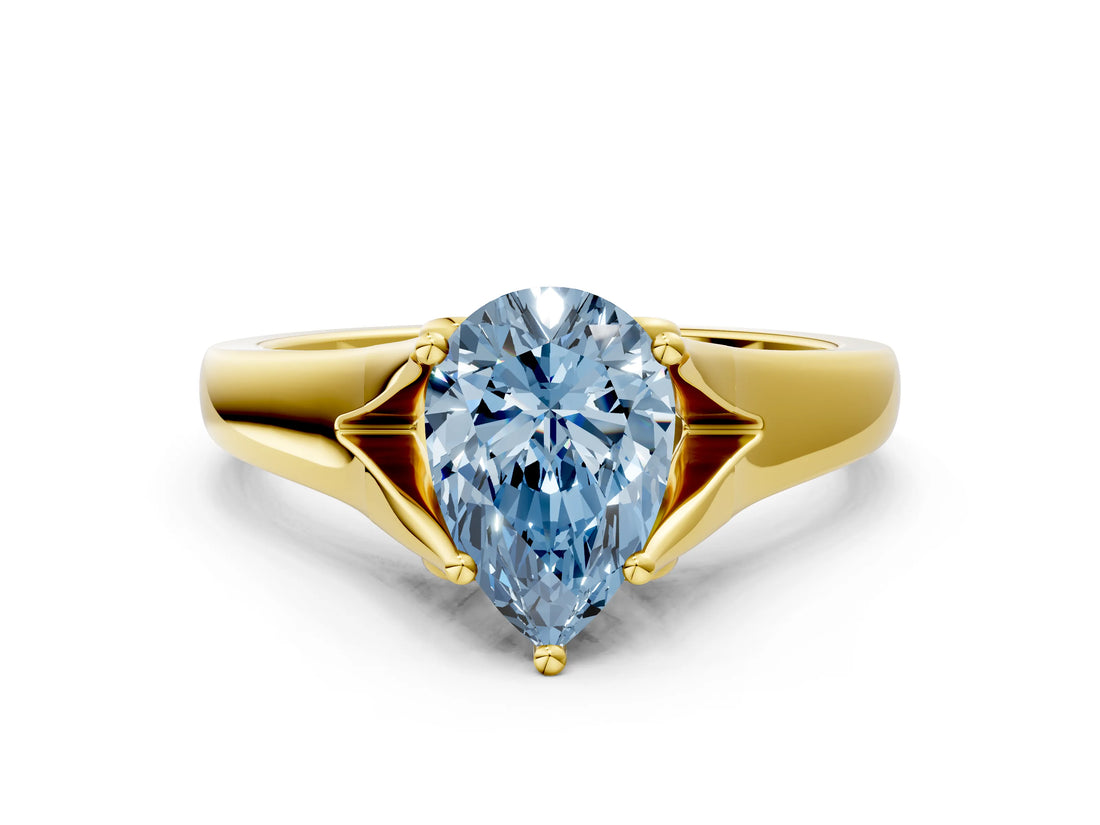 Yellow gold Fancy Blue Pear  Solitaire Diamond Ring with Cathedral Band and Four-Prong Setting_65