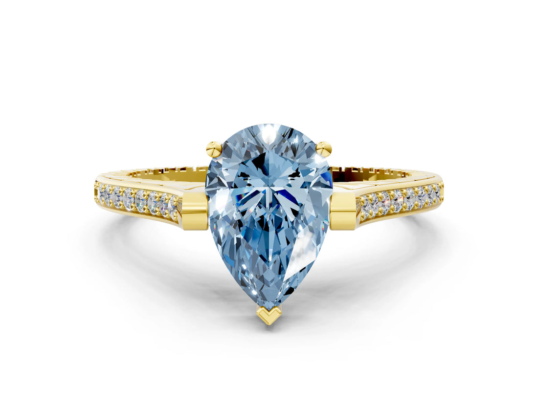 Yellow gold Fancy Blue Pear  Solitaire Diamond Ring with Channel Set Band and Bezel Prong Setting_56
