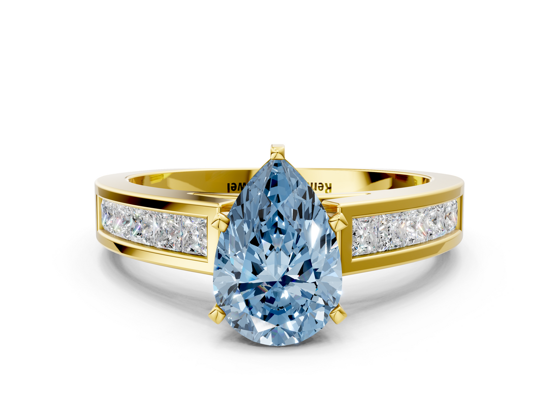 Yellow gold Fancy Blue Pear  Solitaire Diamond Ring with Channel-Set Band and Four-Prong Setting_3