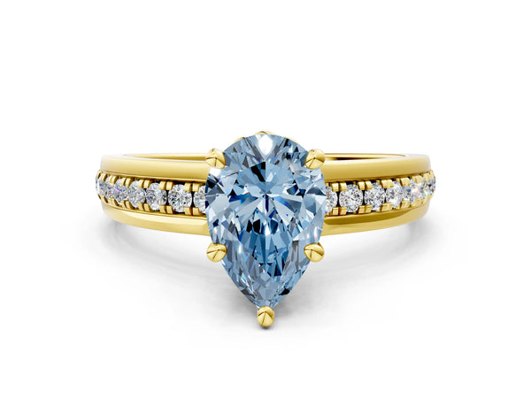 Yellow gold Fancy Blue Pear  Solitaire Diamond Ring with Channel Set Band and Six-Prong Setting