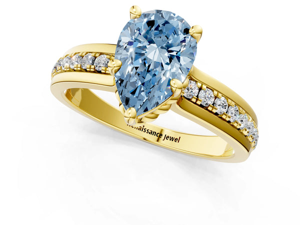 Yellow gold Fancy Blue Pear  Solitaire Diamond Ring with Channel Set Band and Six-Prong Setting