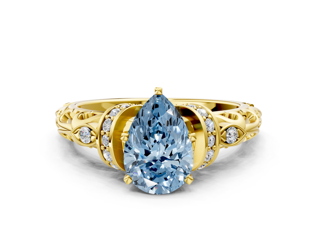 Yellow gold Fancy Blue Pear  Solitaire Diamond Ring with Filigree Band and Four-Prong Setting_59