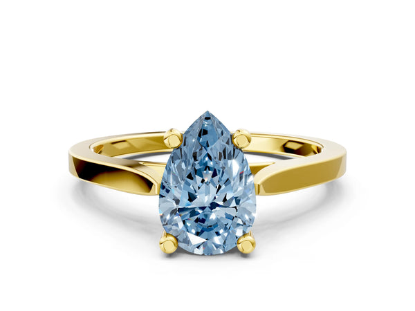 Yellow gold Fancy Blue Pear  Solitaire Diamond Ring with Four-Prong Setting and Tapered Band