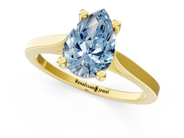 Yellow gold Fancy Blue Pear  Solitaire Diamond Ring with Four-Prong Setting and Tapered Band