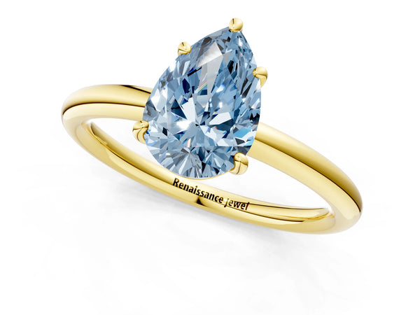 Yellow gold Fancy Blue Pear  Solitaire Diamond Ring with Four-Prong Setting on a Plain Band