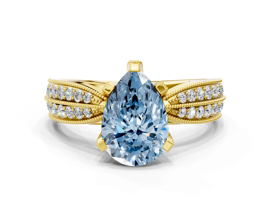 Yellow gold Fancy Blue Pear  Solitaire Diamond Ring with Milgrain Pavé Band and Four-Prong Setting_37