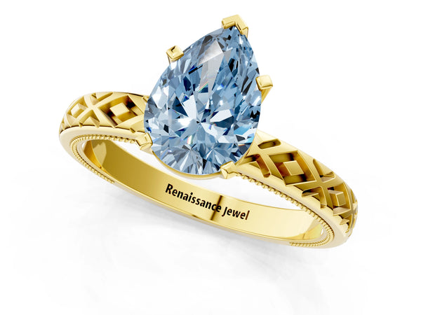 Yellow gold Fancy Blue Pear  Solitaire Diamond Ring with Milgrain and Black Enamel X Pattern Band