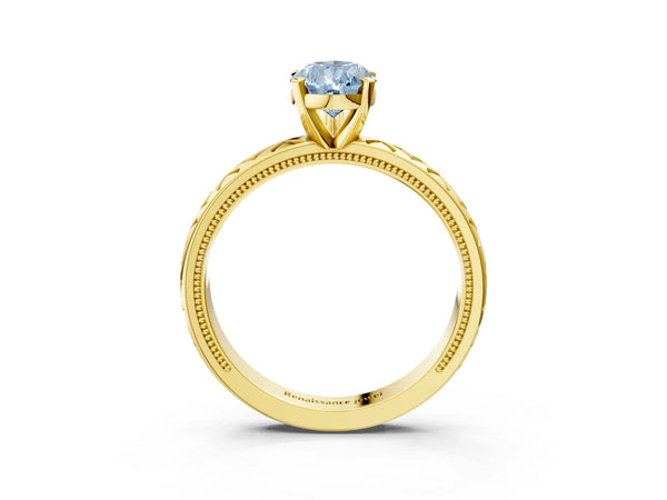 Yellow gold Fancy Blue Pear  Solitaire Diamond Ring with Milgrain and Black Enamel X Pattern Band