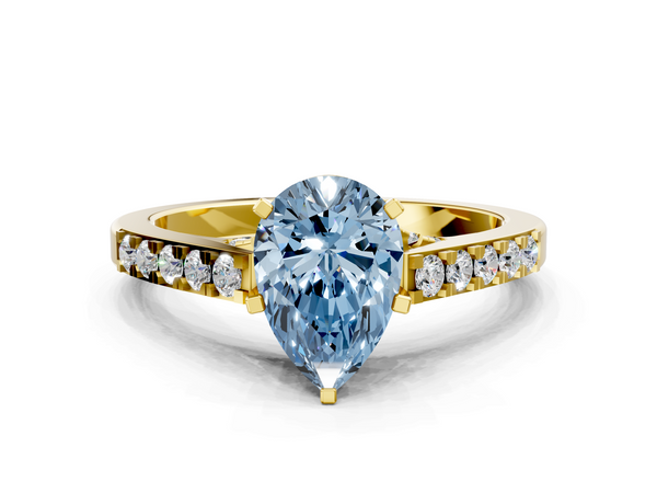 Yellow gold Fancy Blue Pear  Diamond Solitaire Ring with Pavé Band and Prong Setting
