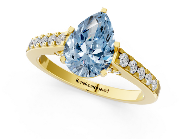 Yellow gold Fancy Blue Pear  Diamond Solitaire Ring with Pavé Band and Prong Setting